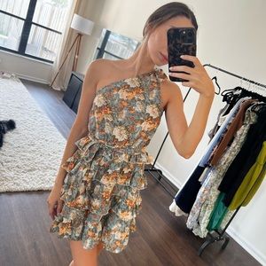 Blue floral one-shoulder ruffle mini dress - xs - worn once
